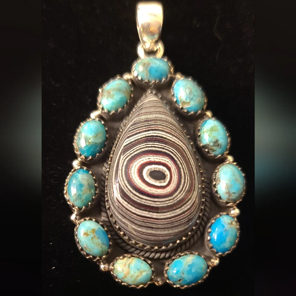 Gorgeous Turquoise and Fordyte Solid Sterling Silver Pendant
